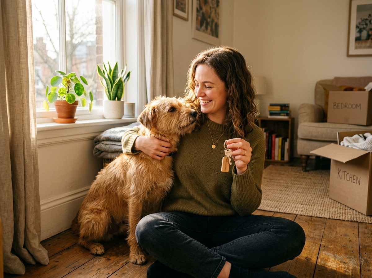 Relieved tenant holding apartment keys with their emotional support dog