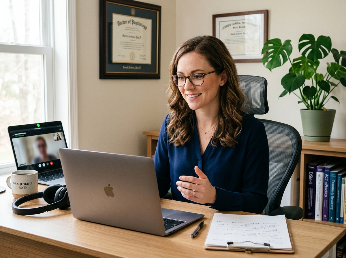 Licensed clinician conducting remote telehealth consultation